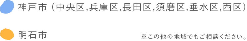 神戸市 (中央区,兵庫区,長田区,須磨区,垂水区,西区) 明石市 ※この他の地域でもご相談ください。